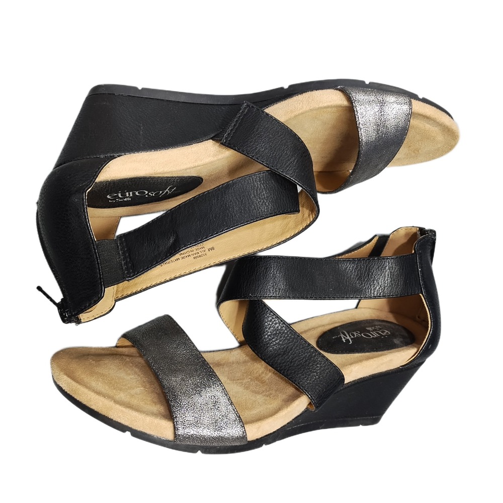 Euro Soft by Sofft Wedge Sandals Womens US Size 8M Black Gray Open Toe Back Zip